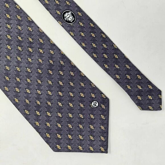 GIANNI VERSACE V2 SILK TIE GRAY GOLD DIAMONDS FOULARD VINTAGE 4" X 58" - Picture 1 of 3